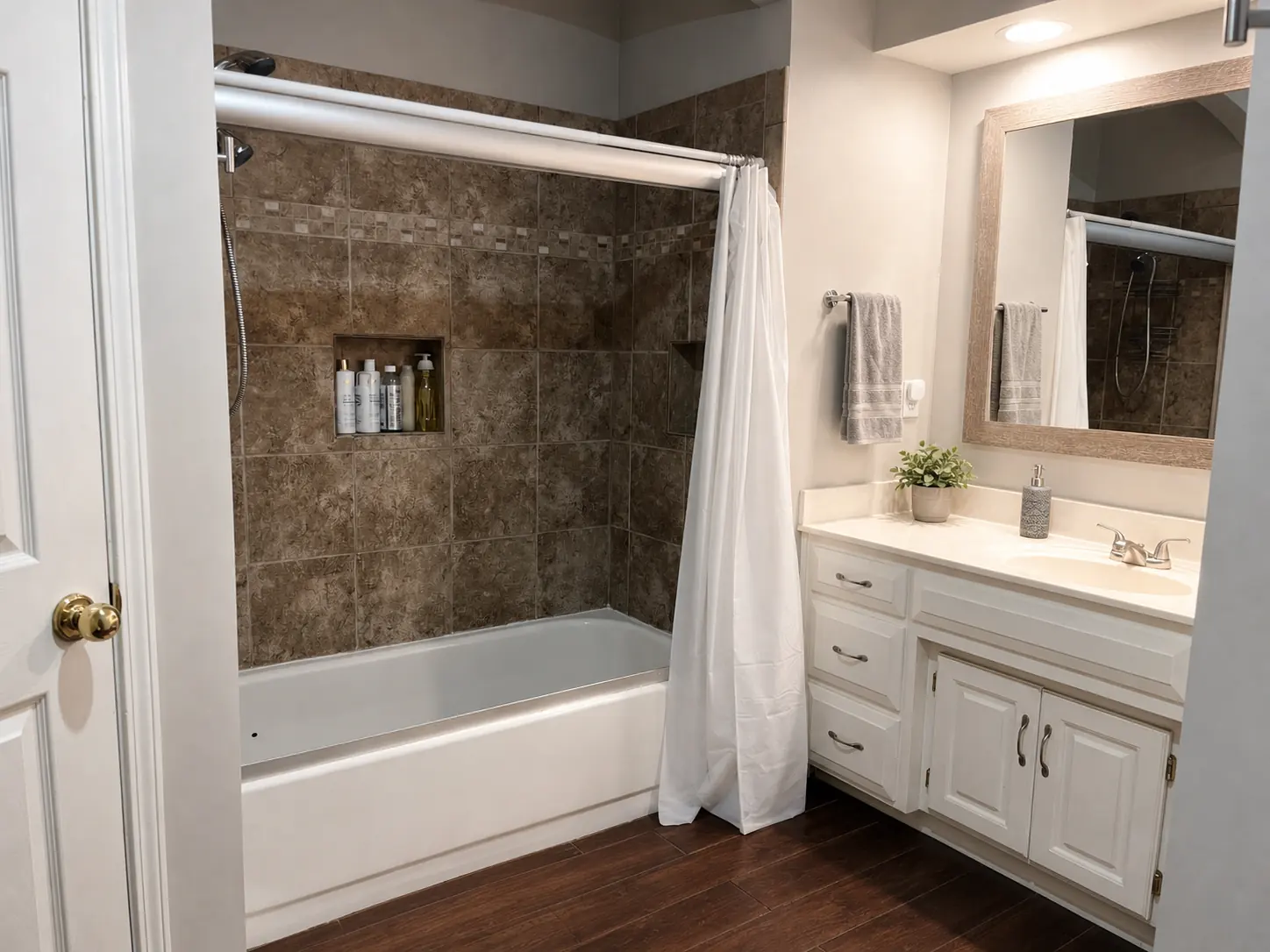 Listing photo — primary bathroom — with the ListedRight digitally-altered disclosure tag