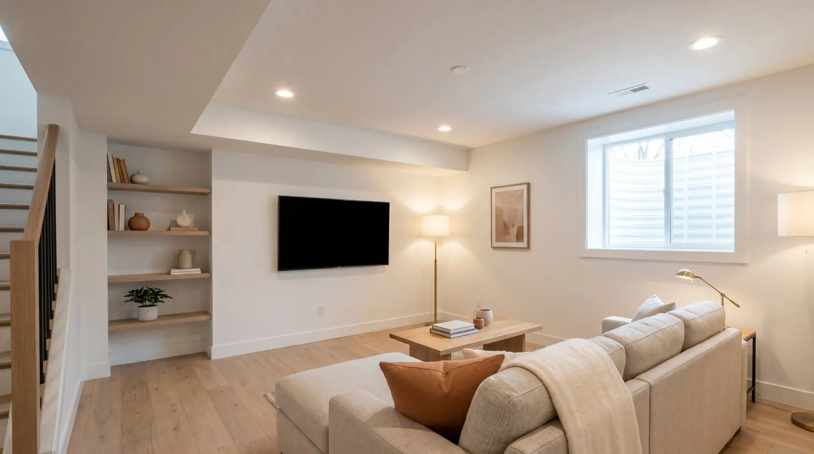 finished basement living space · egress window visible · every lamp on · light floor · sofa-edge foreground anchor