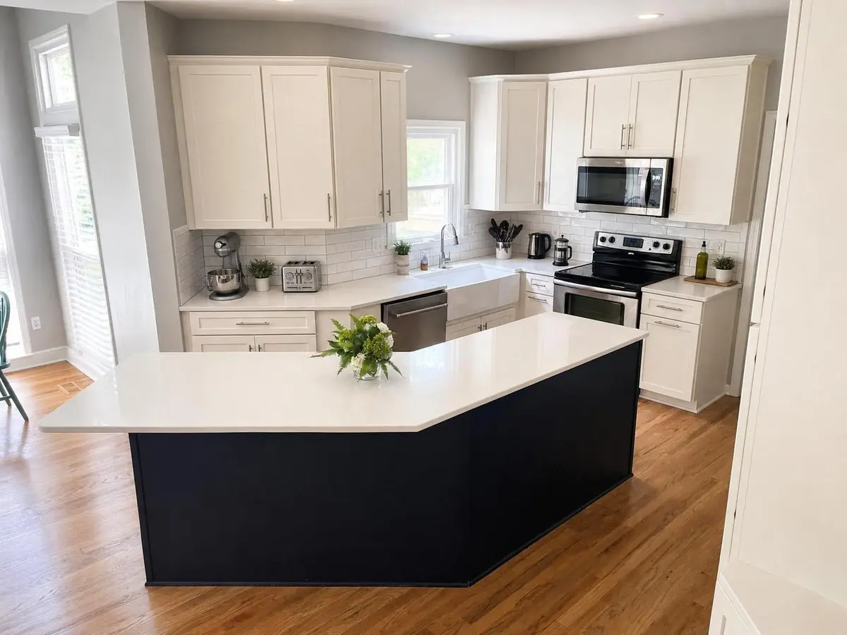 Kitchen with farmhouse sink, plant, and apple bowl — after