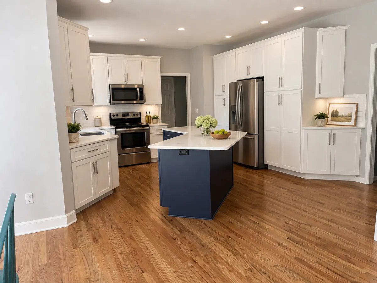 Open-concept kitchen with navy island — after