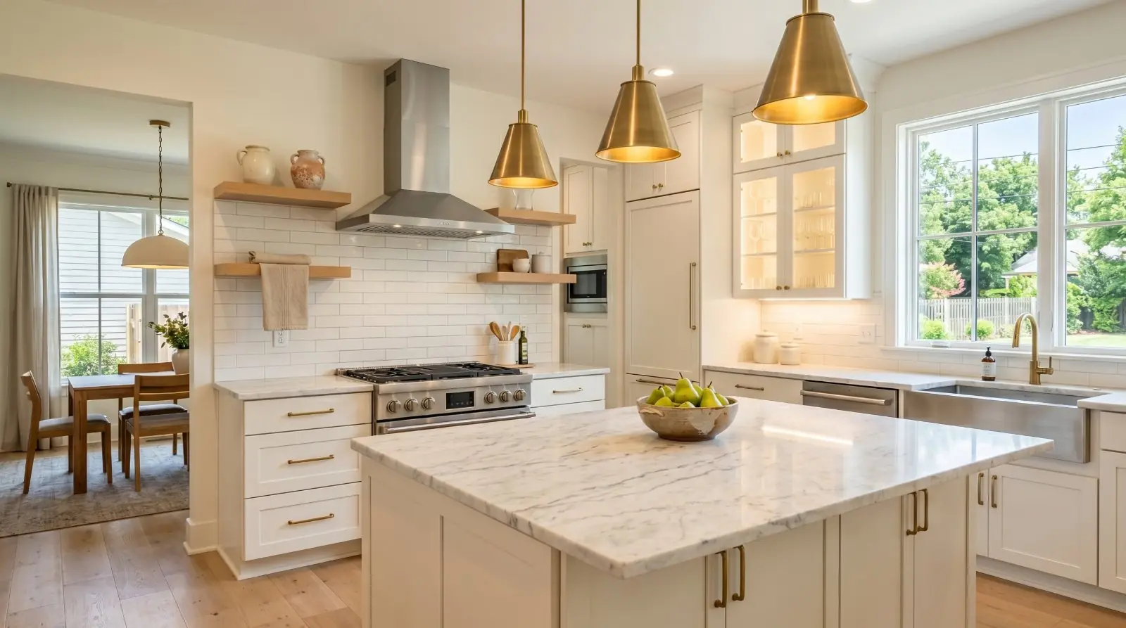 kitchen · corner shot · chest height · every light on · staged marble island