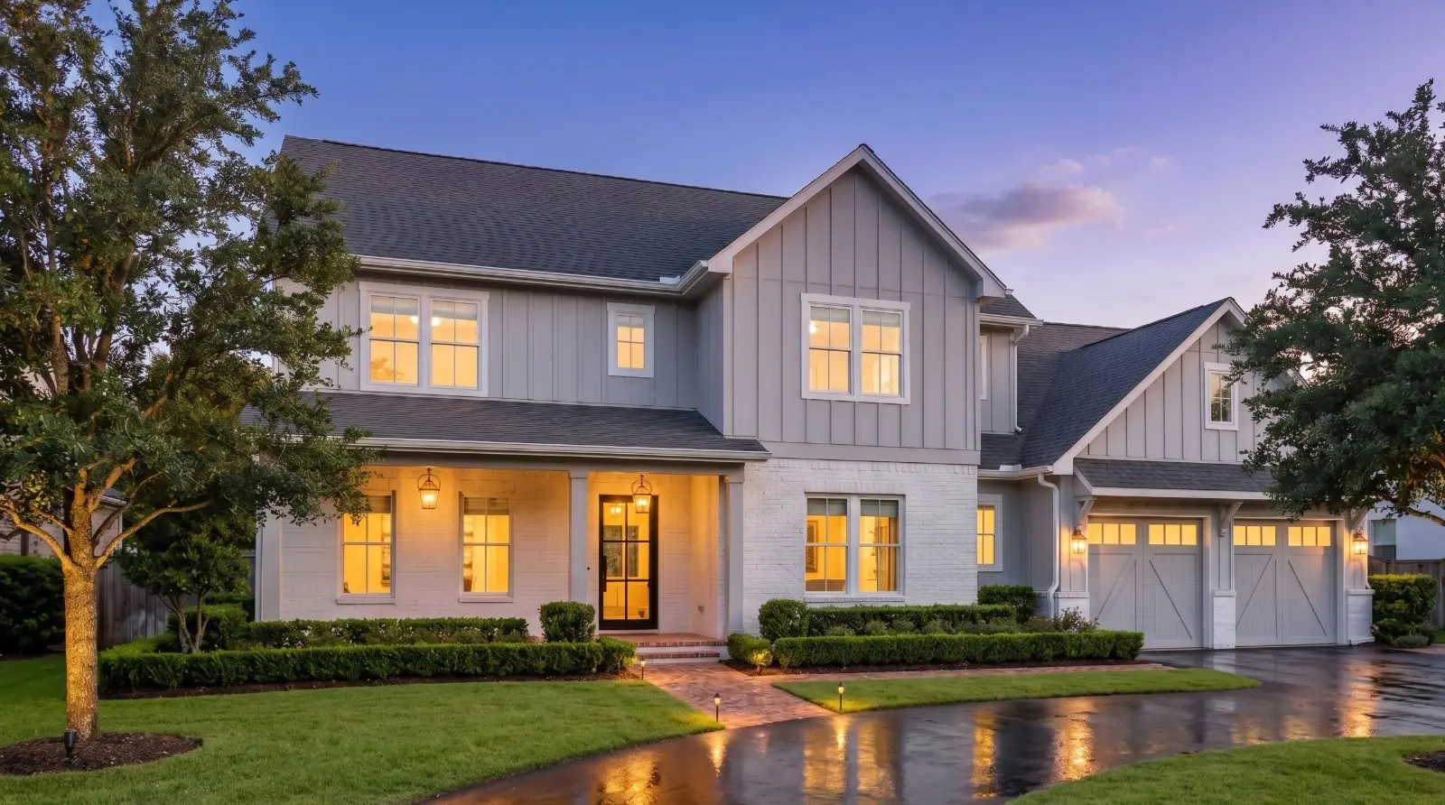 Same exterior — daytime original on the left, rendered twilight on the right — after