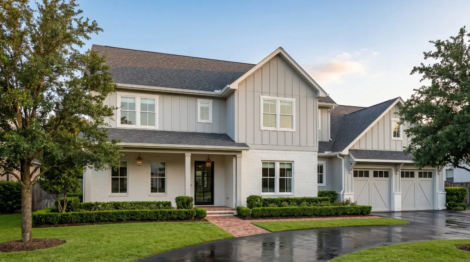 Same exterior — daytime original on the left, rendered twilight on the right — before